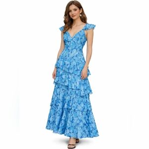 Hutch Miah Blue Floral Tiered Ruffle Maxi Gown Garden Wedding nwt 8